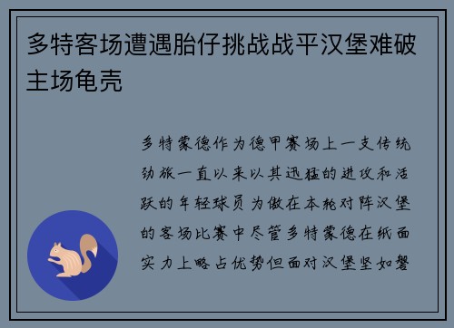 多特客场遭遇胎仔挑战战平汉堡难破主场龟壳