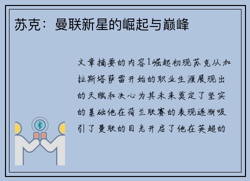 苏克：曼联新星的崛起与巅峰