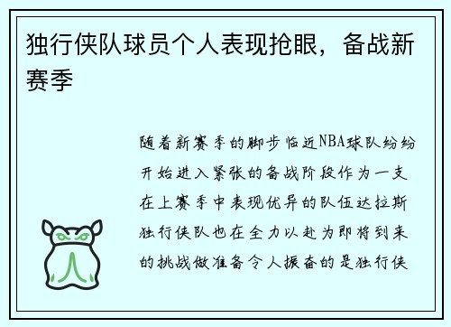 独行侠队球员个人表现抢眼，备战新赛季