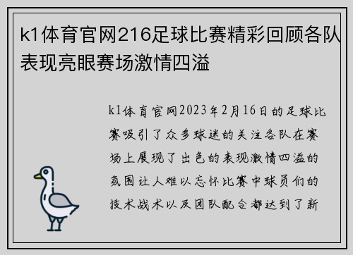 k1体育官网216足球比赛精彩回顾各队表现亮眼赛场激情四溢
