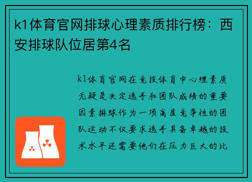k1体育官网排球心理素质排行榜：西安排球队位居第4名